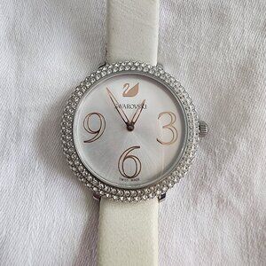 SWAROVSKI CRYSTAL FROST 34MM SILVERTONE SUNRAY DIAL WATCH